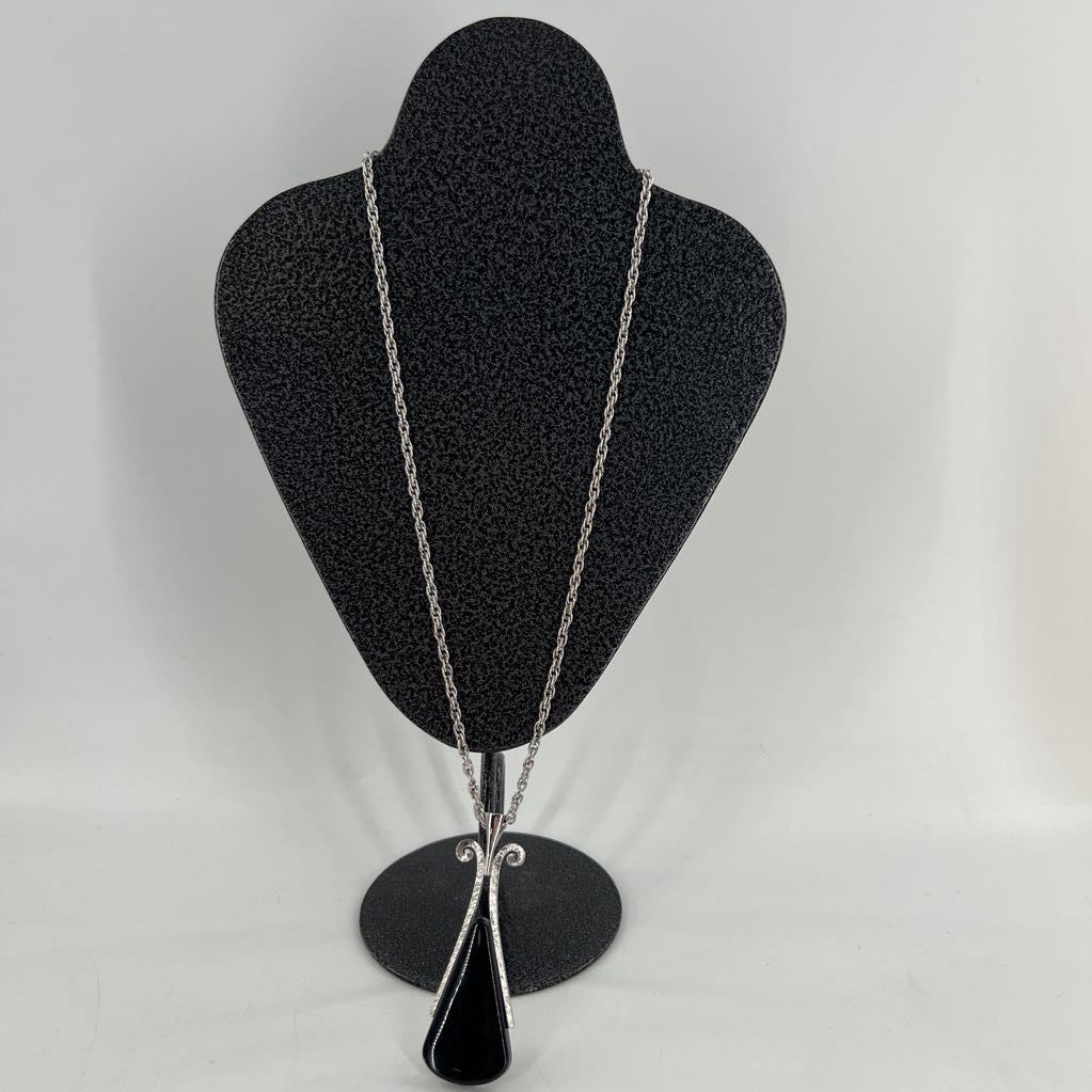 16" silver & black stone pendant necklace