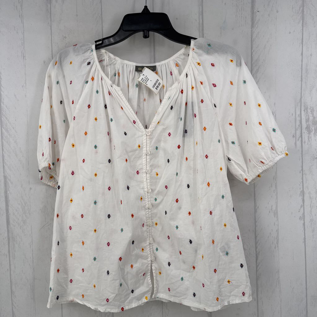 S colorful embroidered button down s/s top