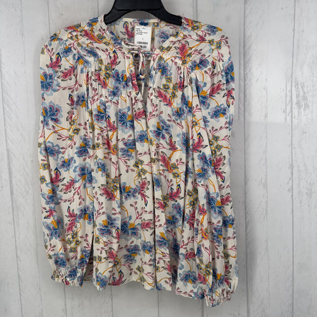L flo print notch neck l/s top