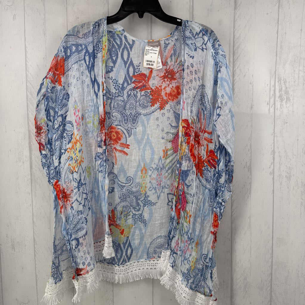 S/M flo print fringe ruana