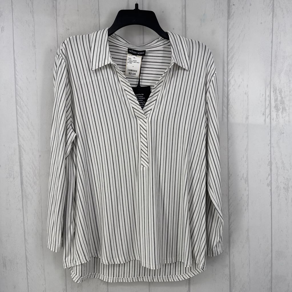 L striped split neck l/s top