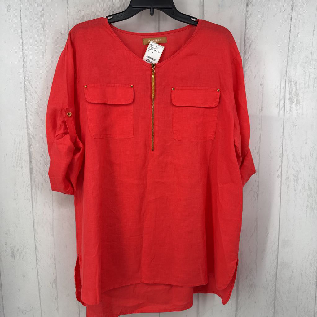 XL linen tassel zip tab slv top