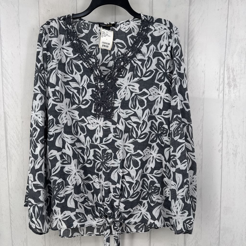 XL flo print lace trim l/s top