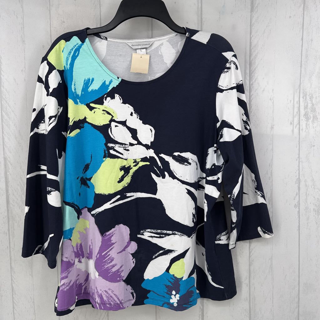 XL flo print round neck 3/4 slv top