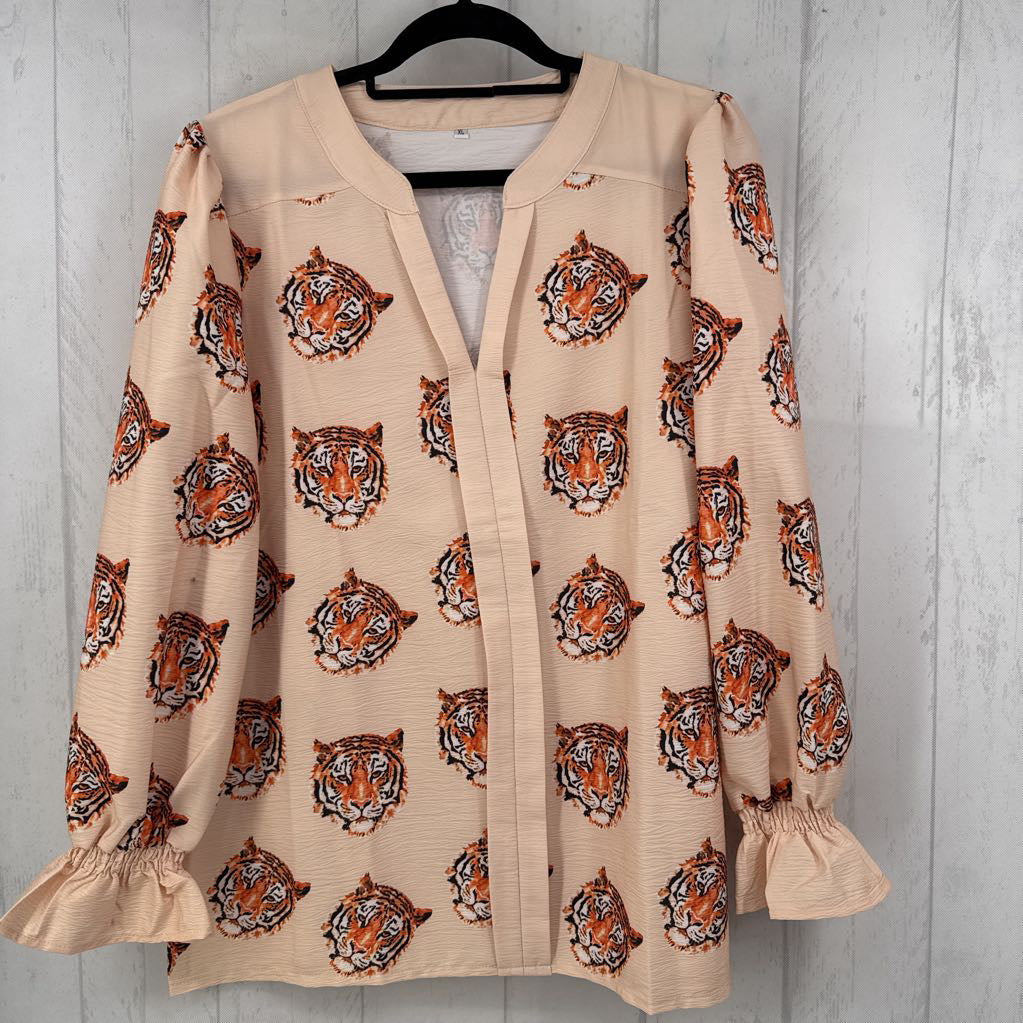 Tiger Face Notched V-Neck Blouse