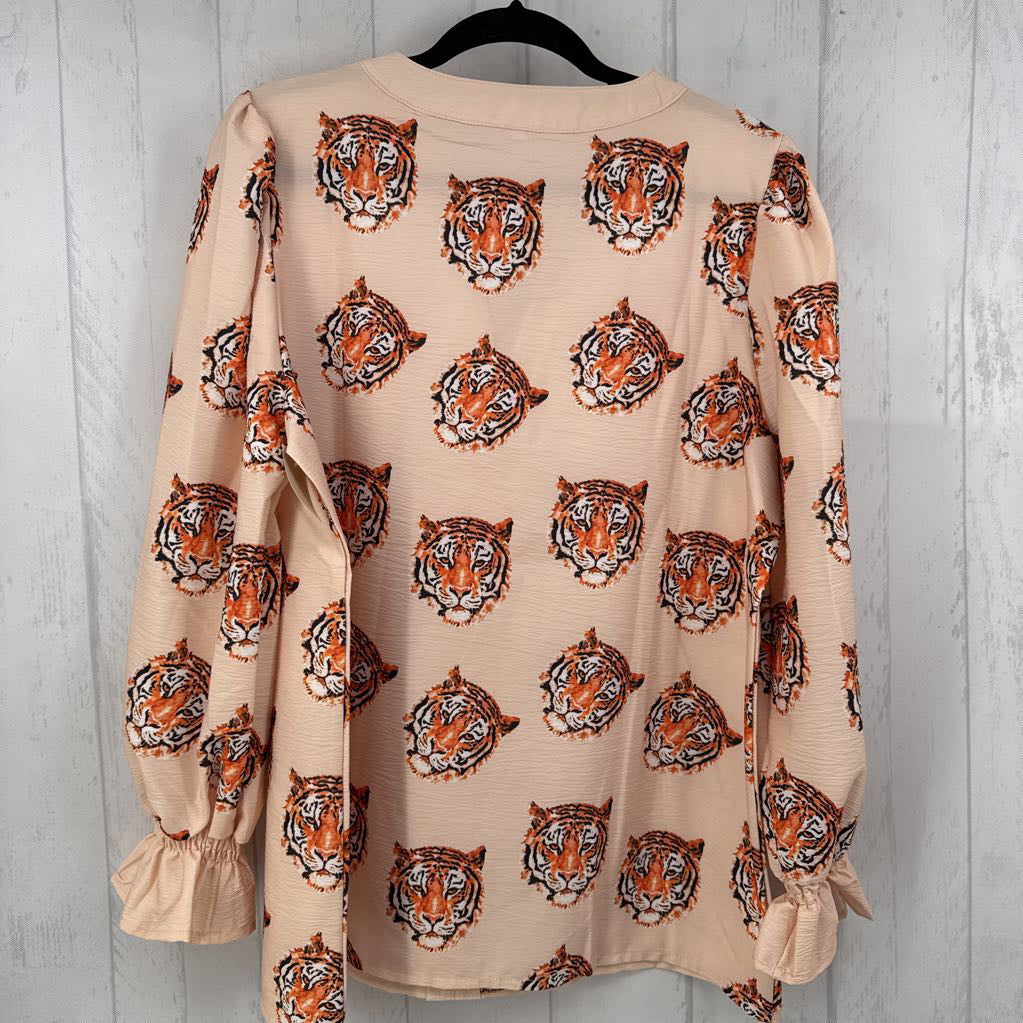 Tiger Face Notched V-Neck Blouse