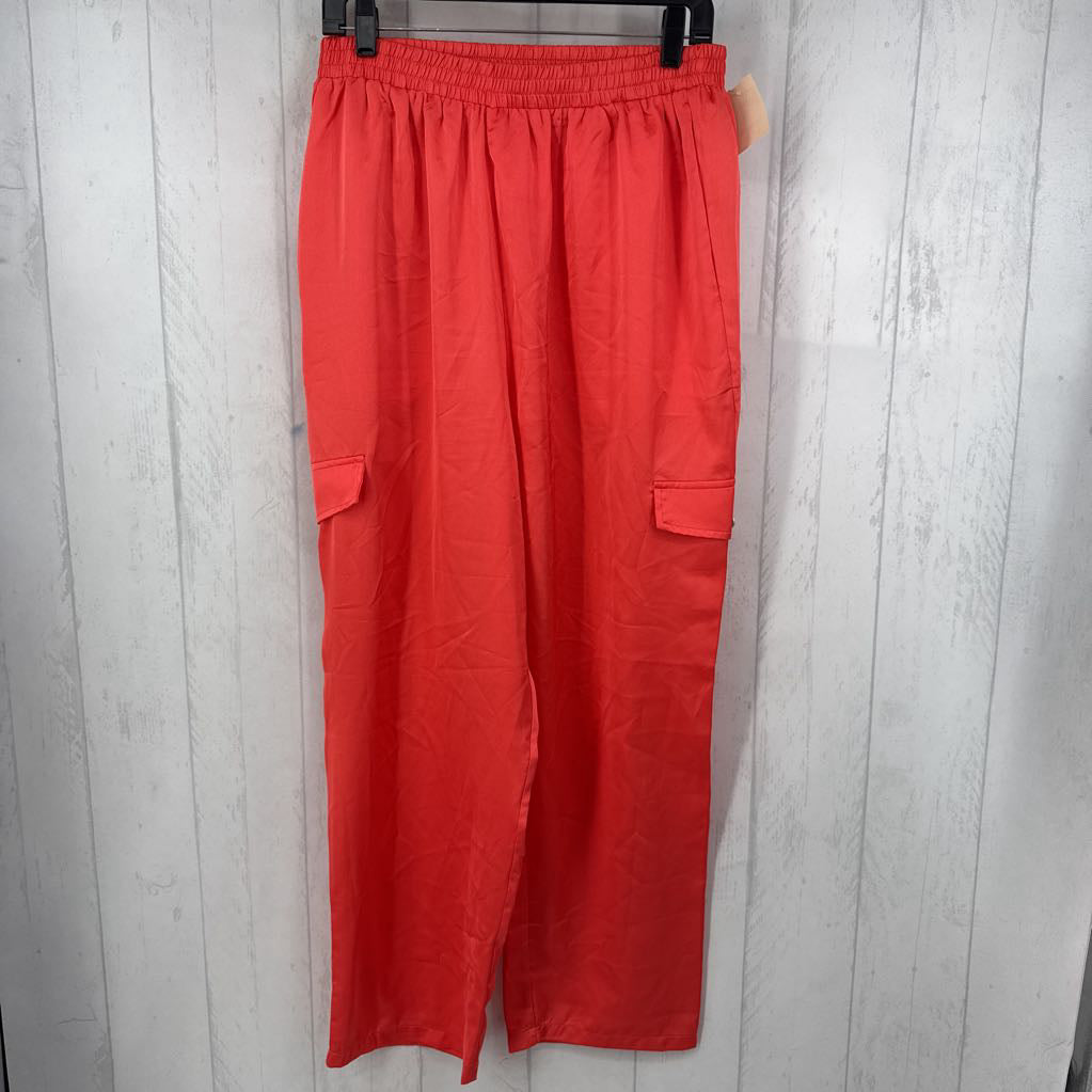 Satiny Elastic Waist Cargo Pants