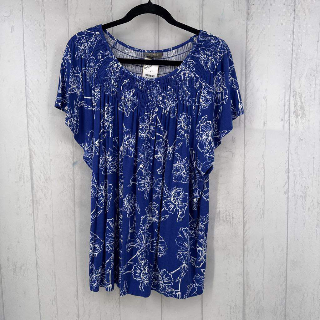 Floral Print Smocked Neck s/s