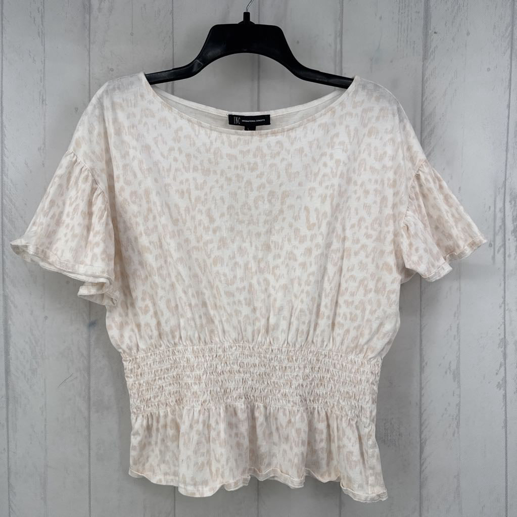 Animal Print Smocked-Waist Crewneck Top