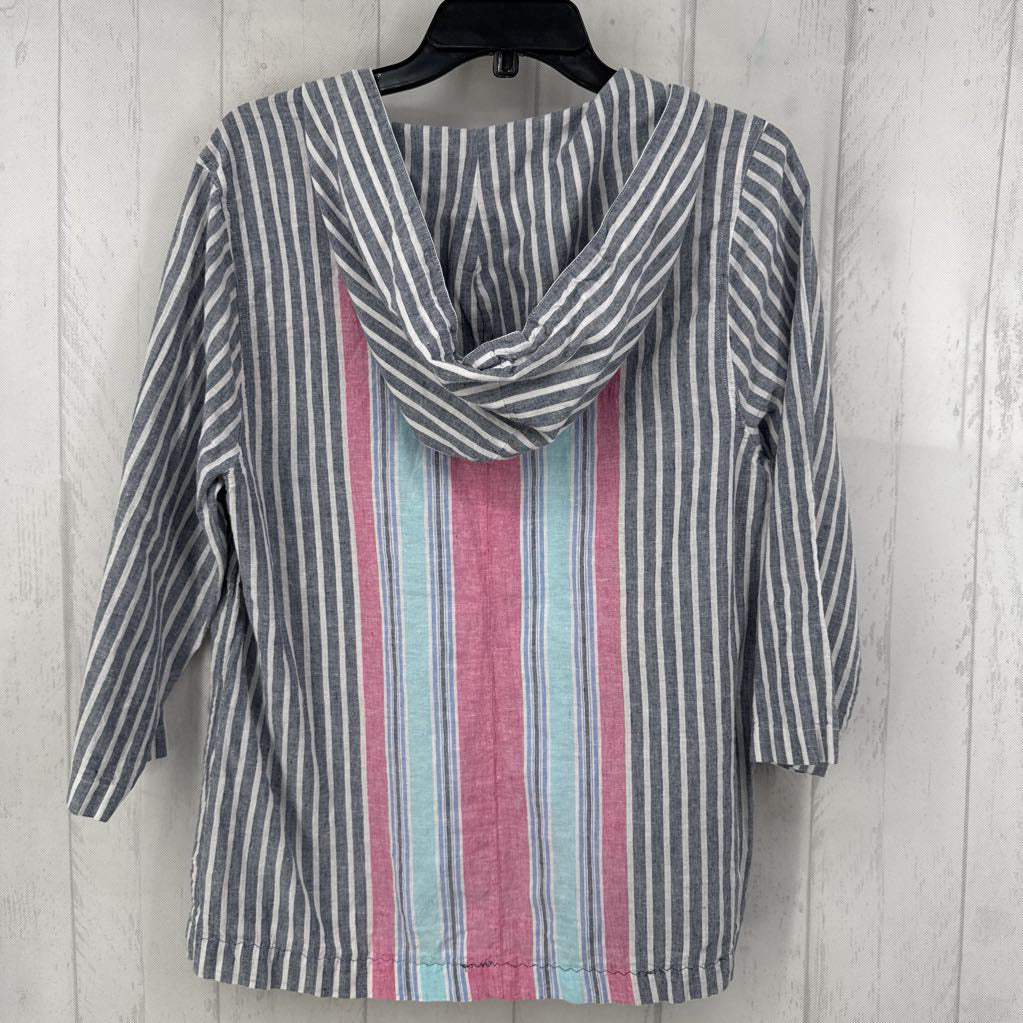 Striped Linen Blend Hooded Tunic w/ Tasseled Accents