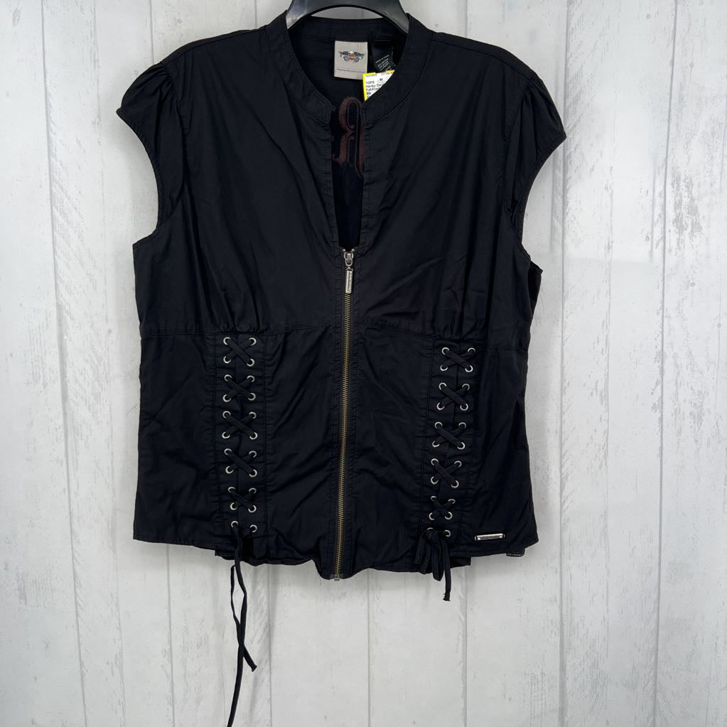 Full-Front Zip w/ Lattice Detail & Bedazzled Back s/s Top
