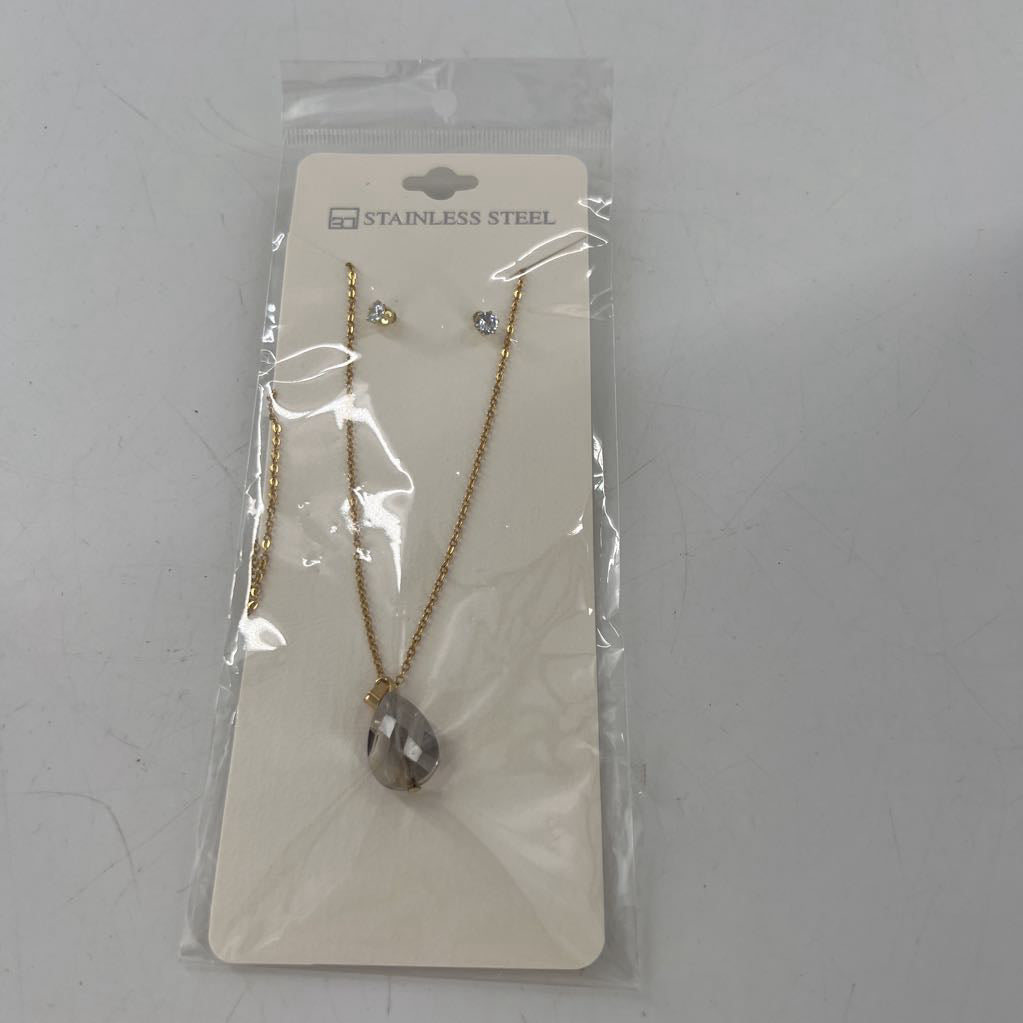 grey teardrop stone necklace & earring set