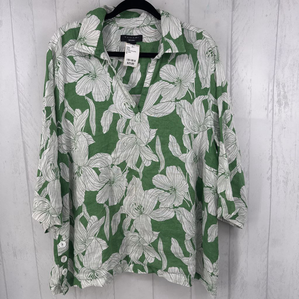 1X linen flo print split neck 3/4 slv top