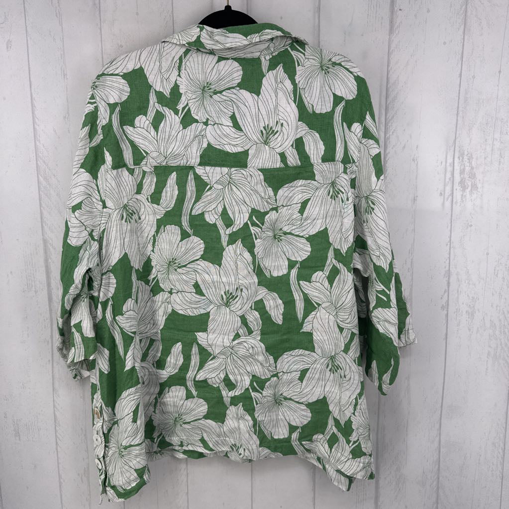 1X linen flo print split neck 3/4 slv top