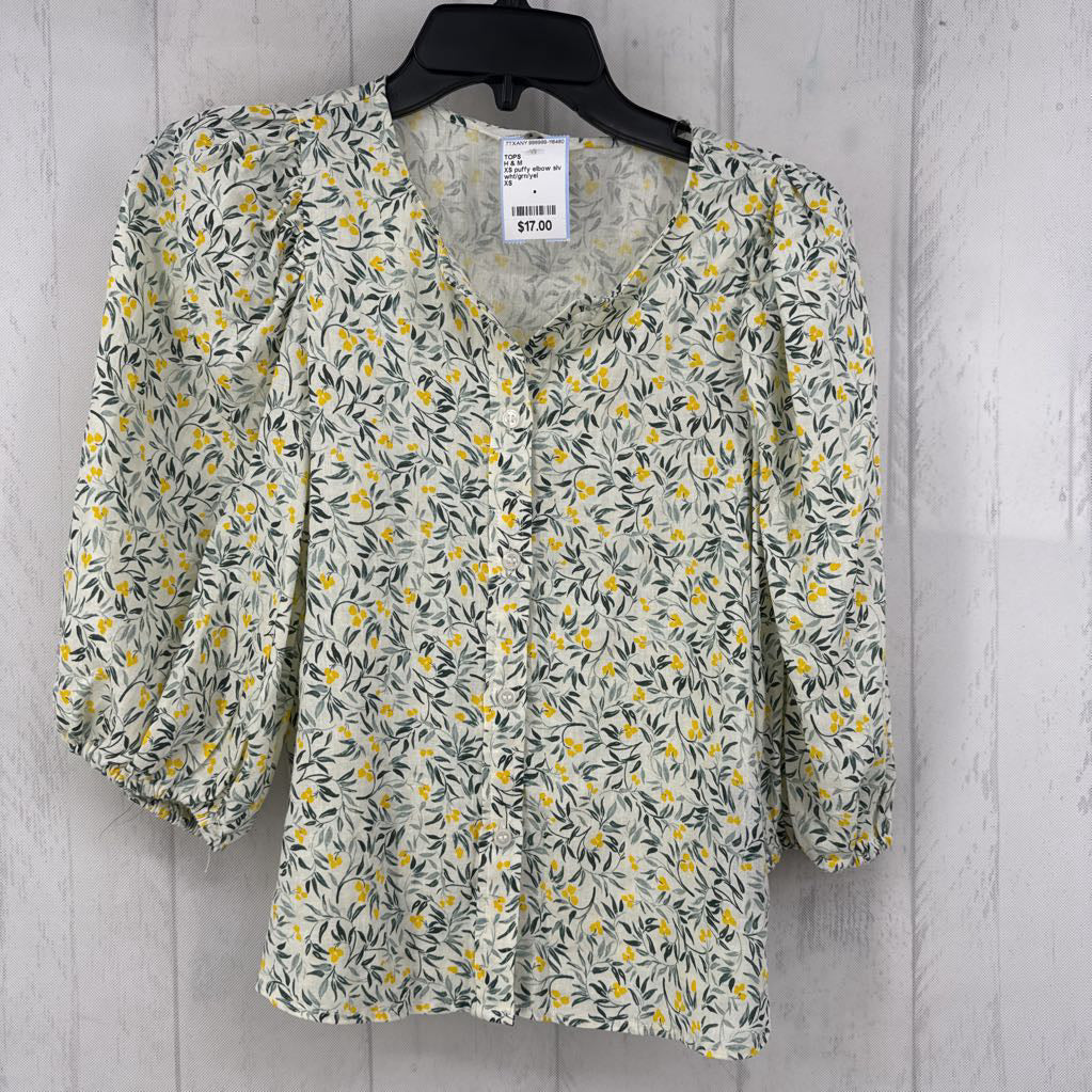 XS puffy elbow slv linen blend flo print top
