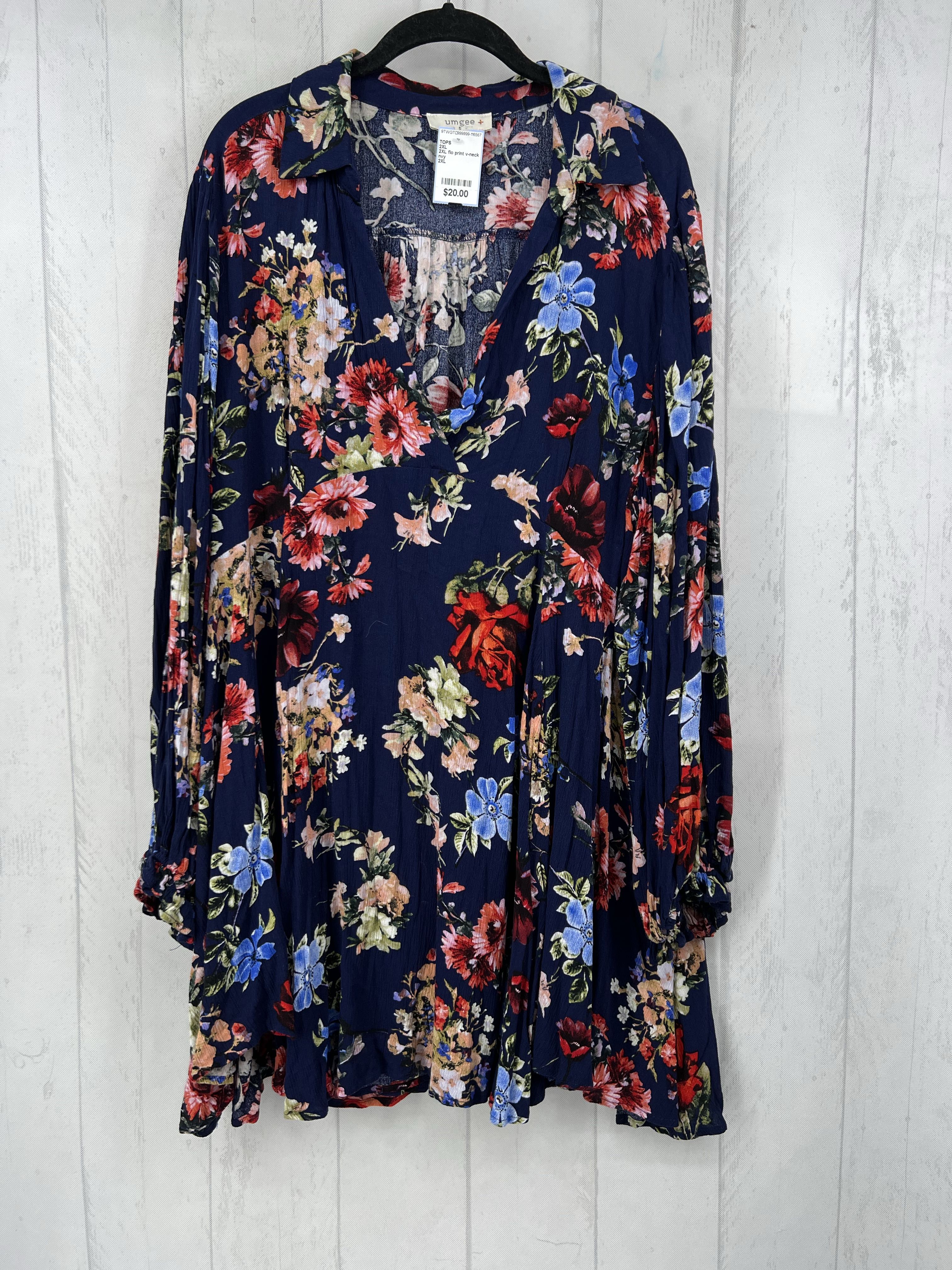 2XL flo print v-neck l/s babydoll top