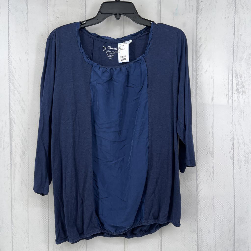 XL round neck elastic hem 3/4 slv top