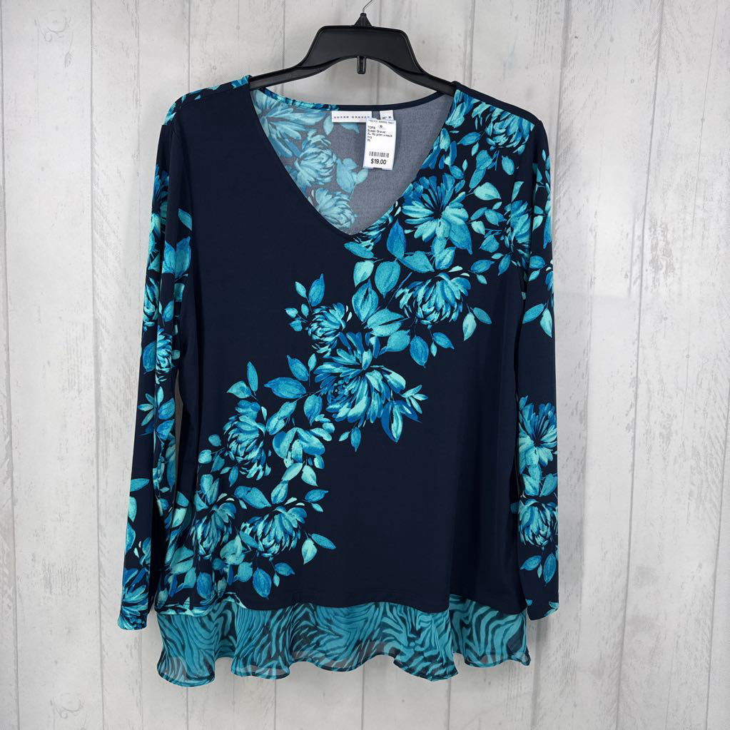 XL flo print v-neck l/s top