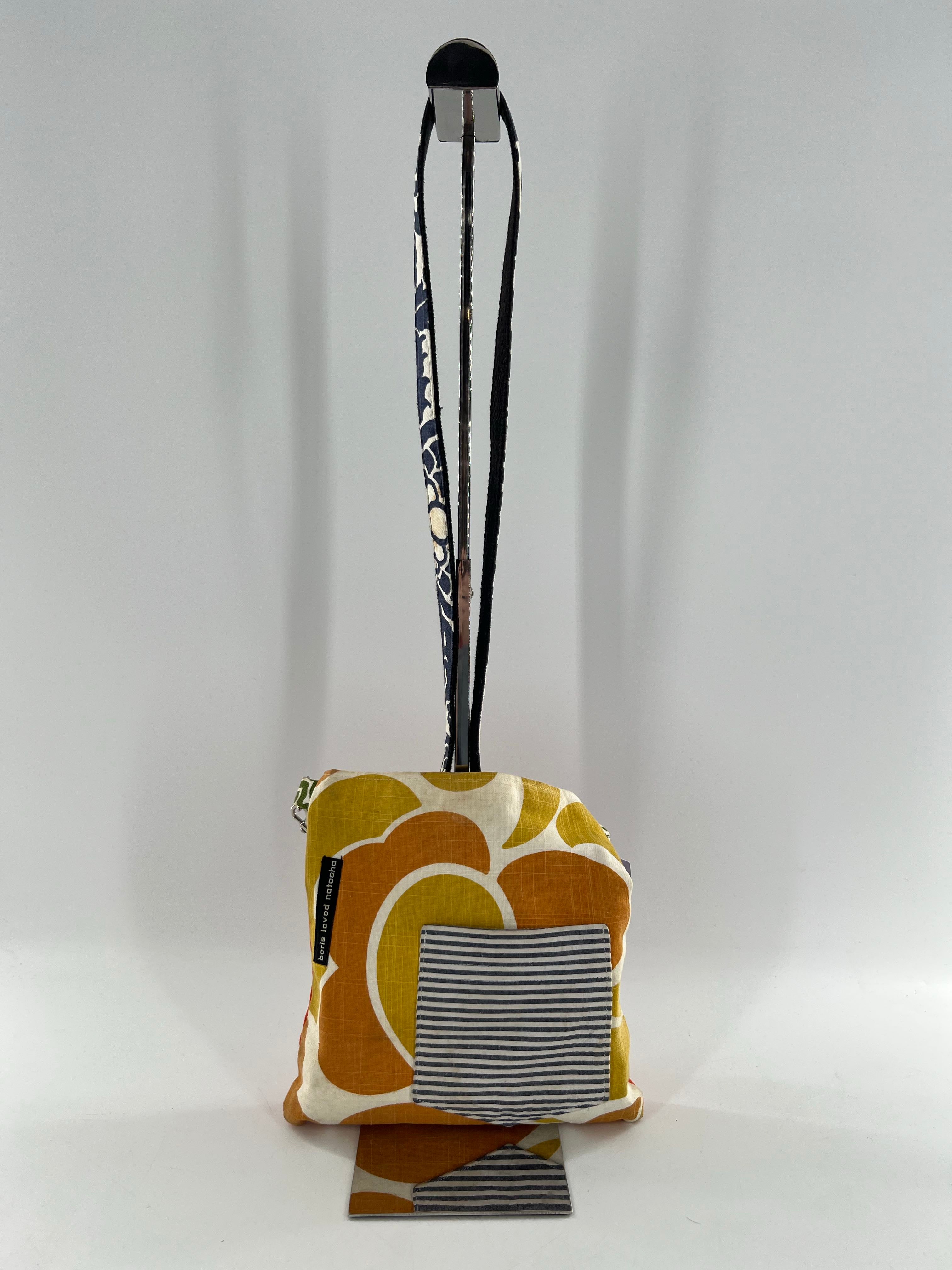fabric floral w/ striped pocket crossbody