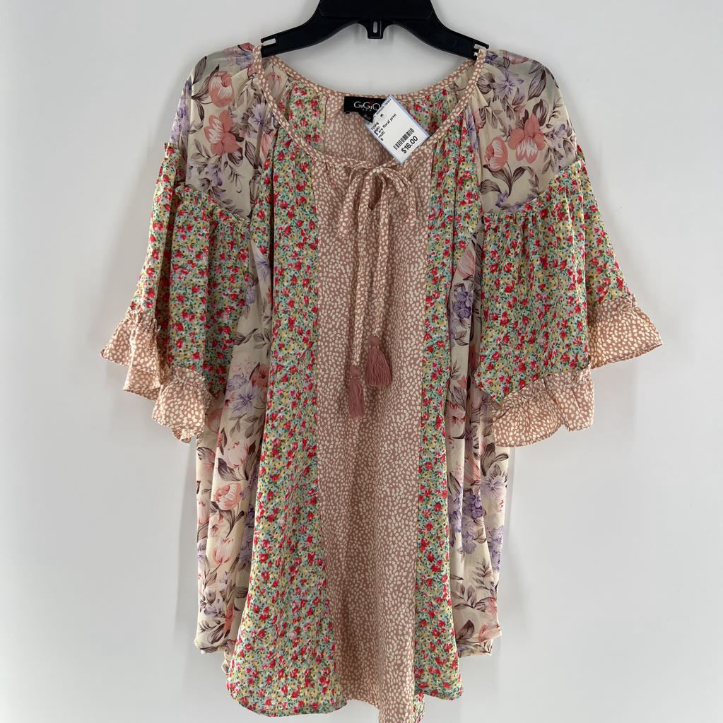 S s/s floral print pleated keyhole top