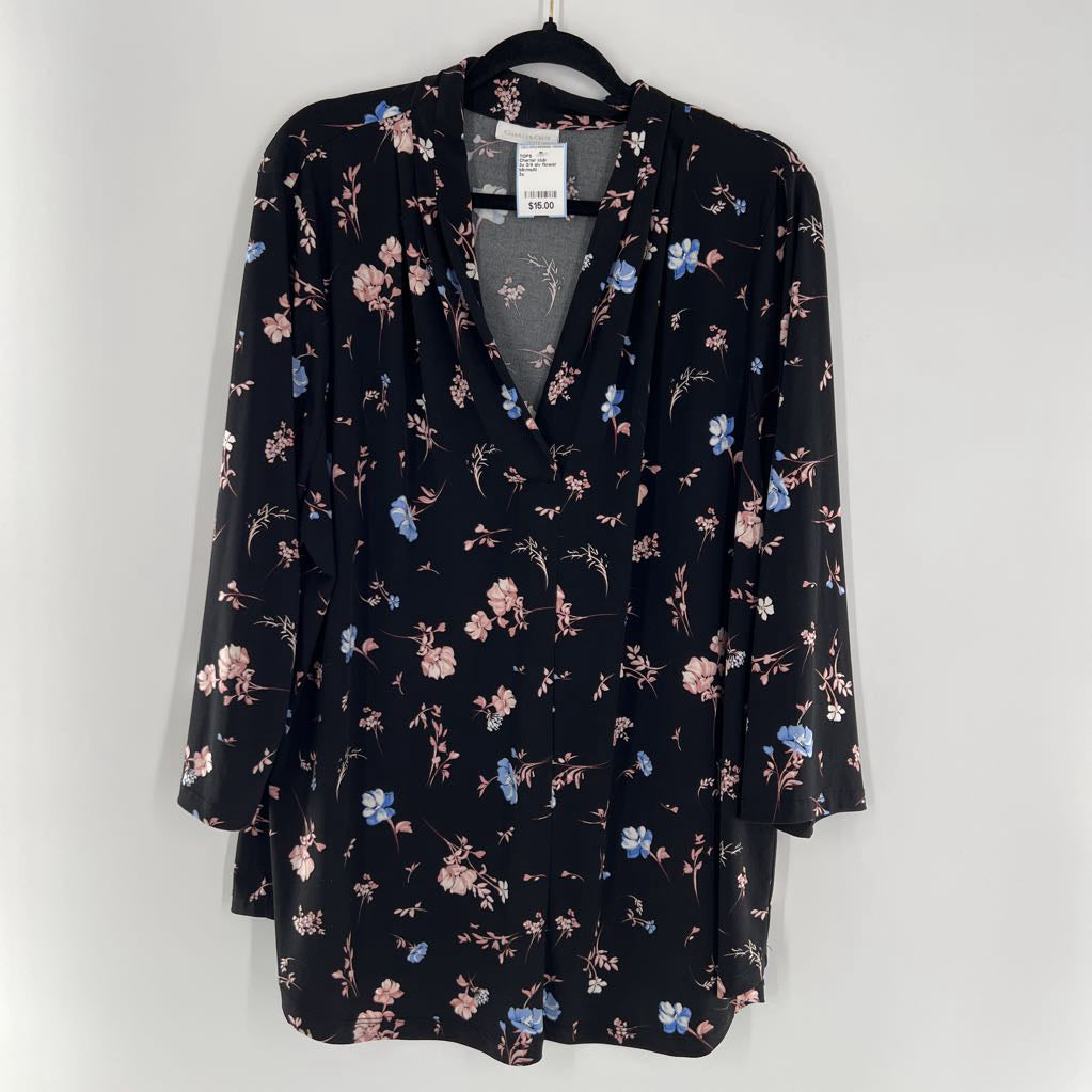 3x 3/4 slv flower print v-neck top