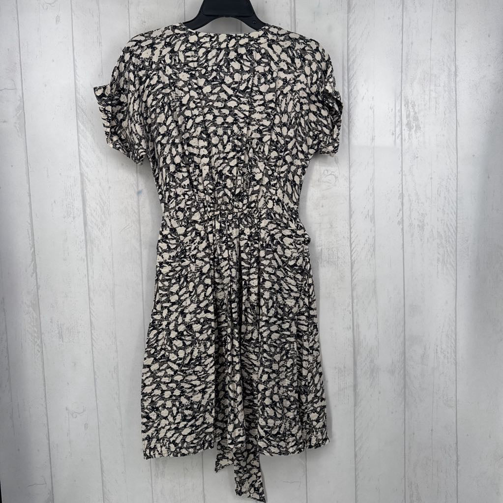 S printed split neck belted s/s dress