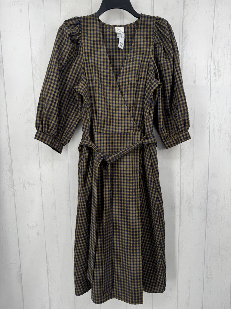 S gingham 3/4 slv wrap dress