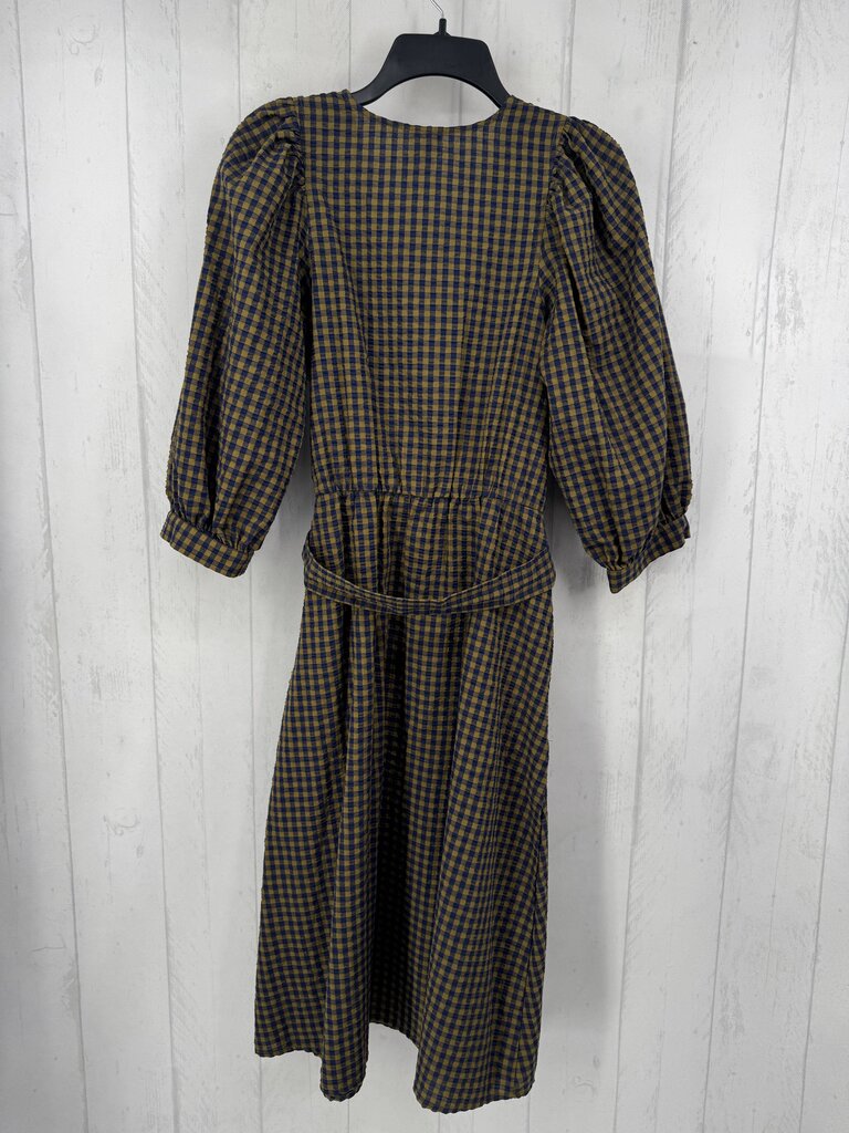 S gingham 3/4 slv wrap dress