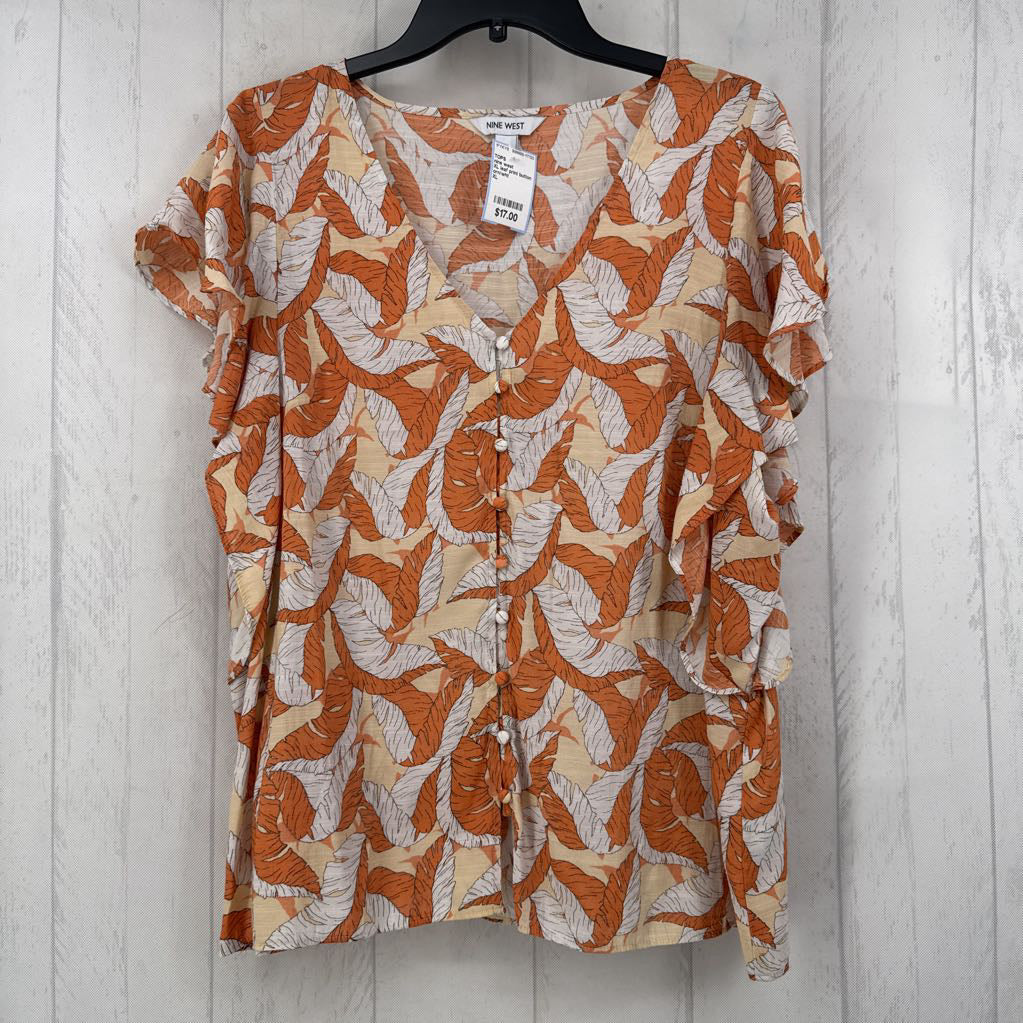 XL leaf print button down ruffled s/s top
