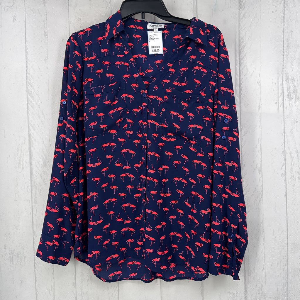 L flamingo print button down l/s top