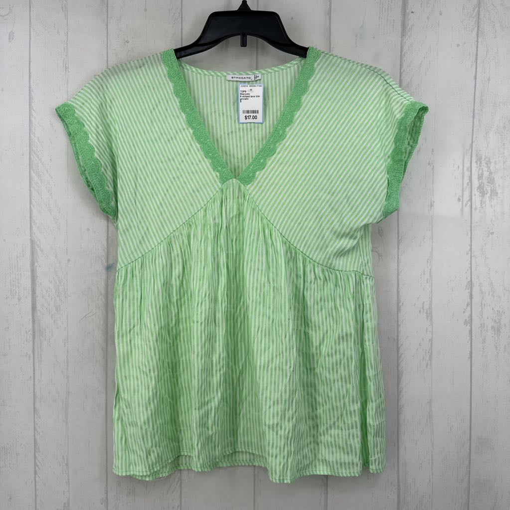 S striped lace trim v-neck s/s top