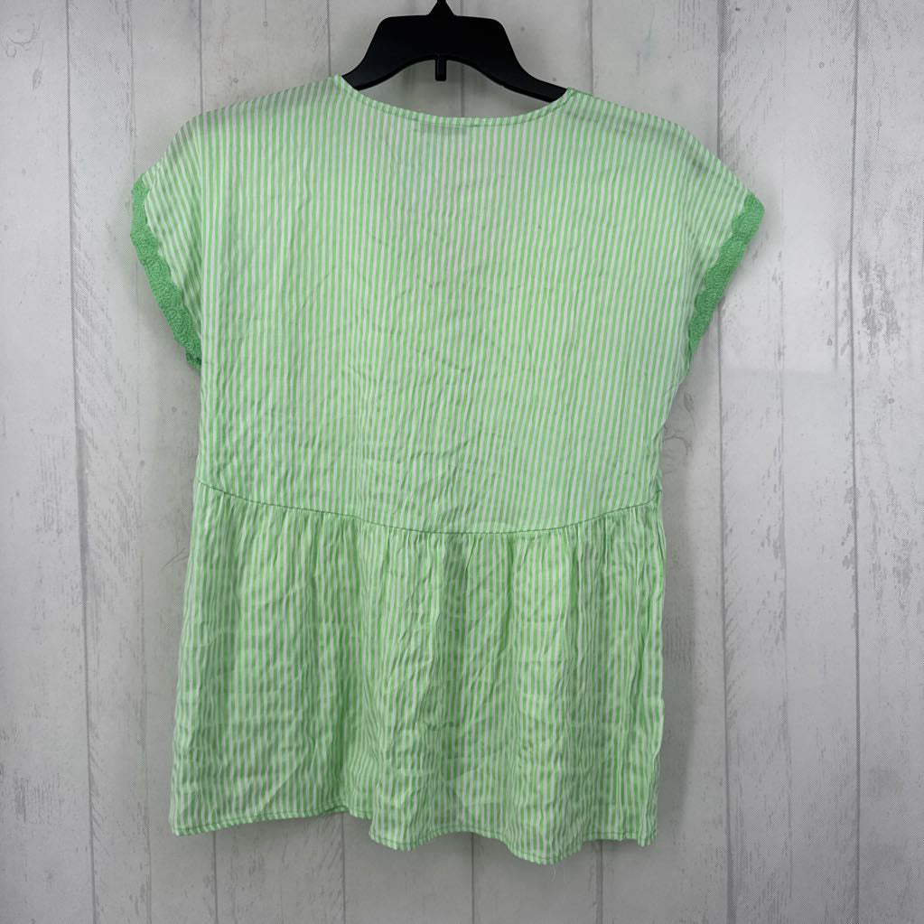 S striped lace trim v-neck s/s top