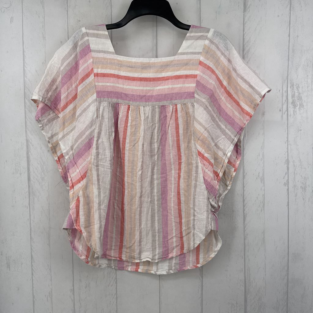 M linen blend striped s/s top