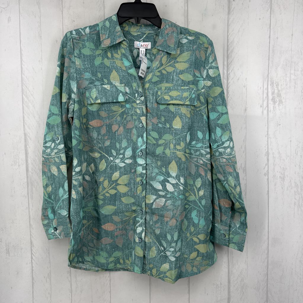 XS leaf print button down l/s top