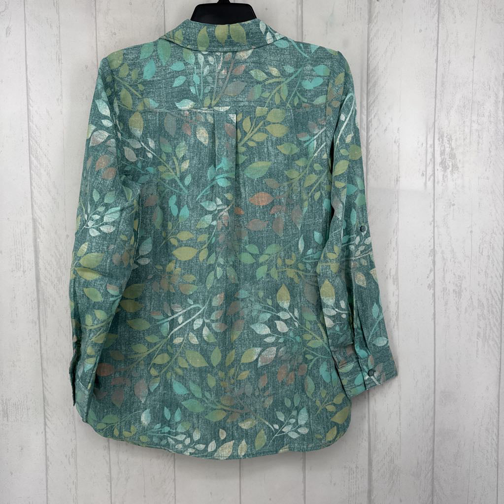 XS leaf print button down l/s top