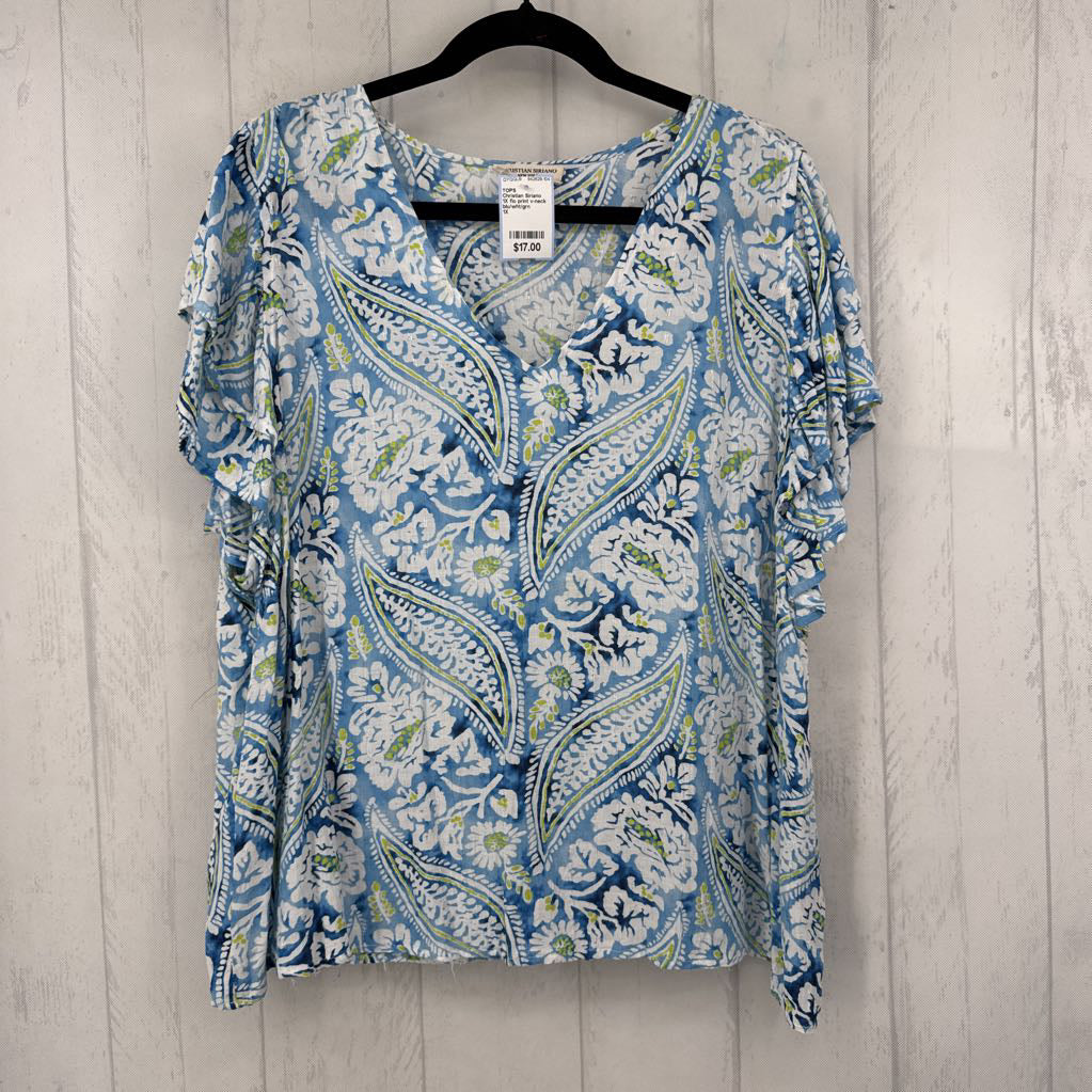 1X flo print v-neck ruffled s/s top