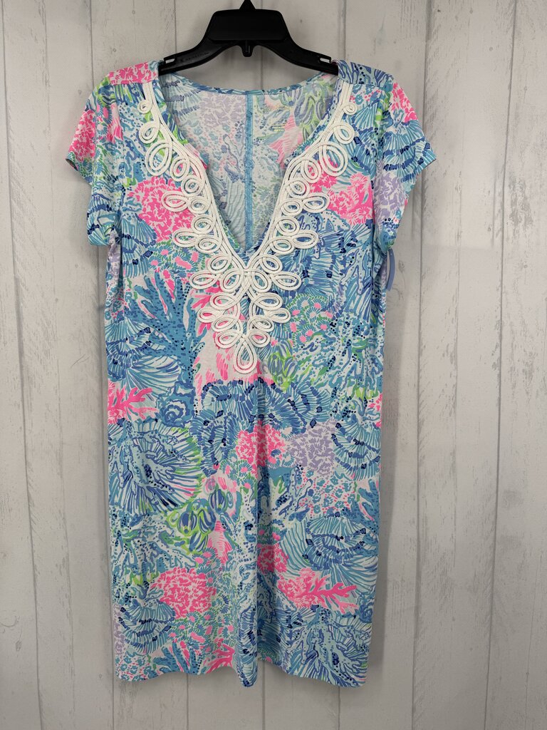 L ric-rac trim v-neck printed s/s dress