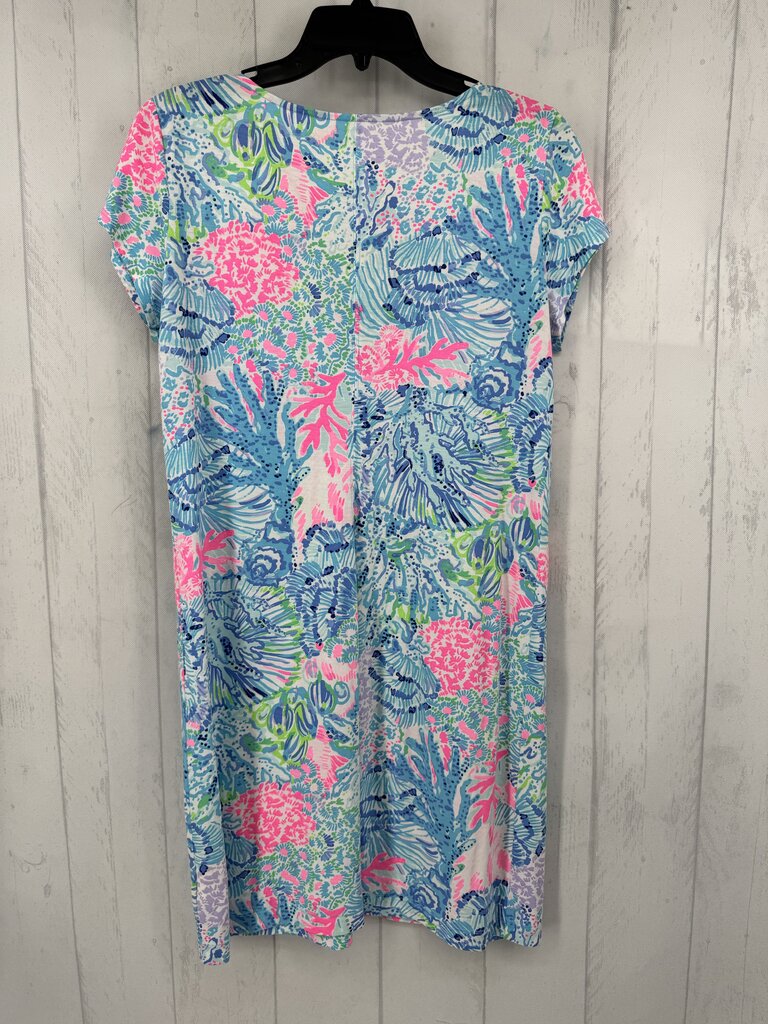 L ric-rac trim v-neck printed s/s dress