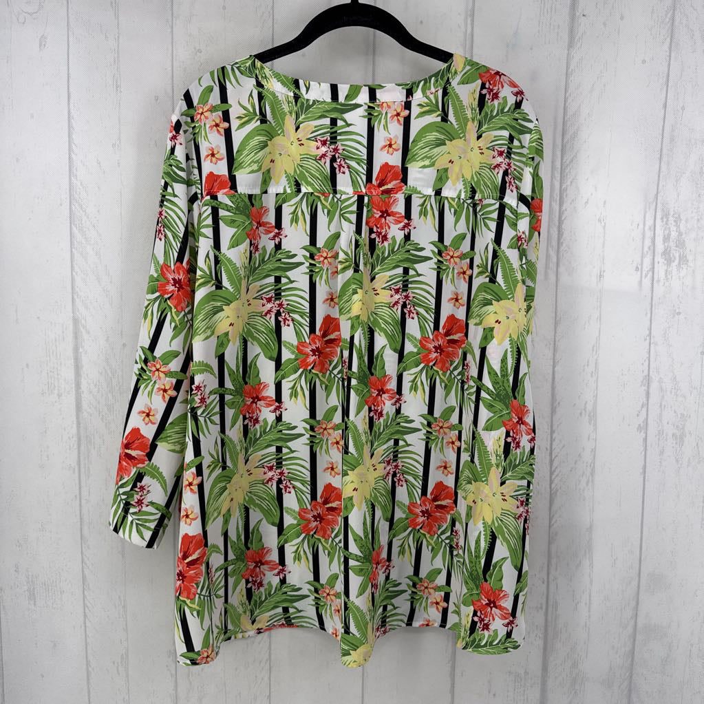 2X striped & flo print split neck 3/4 slv top