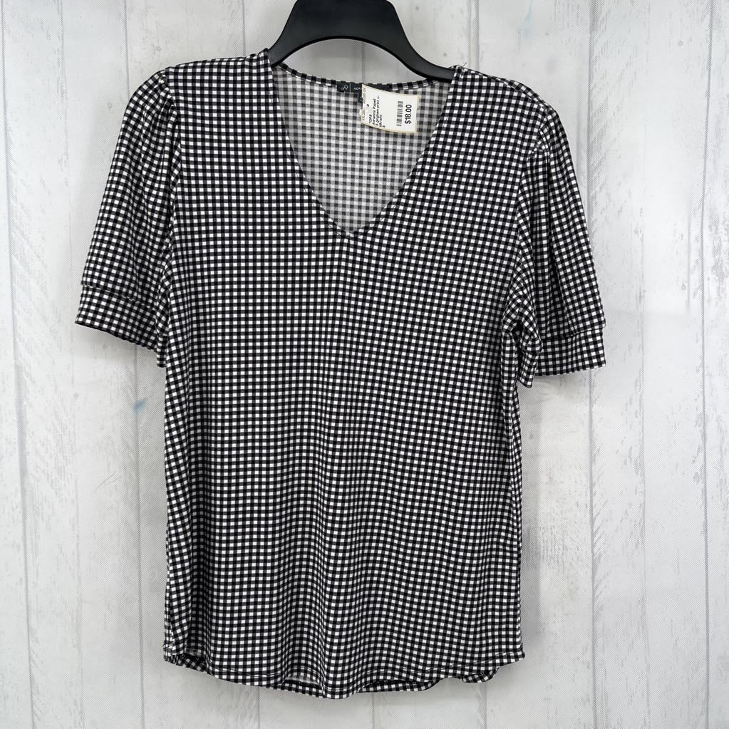 S gingham print v-neck s/s top
