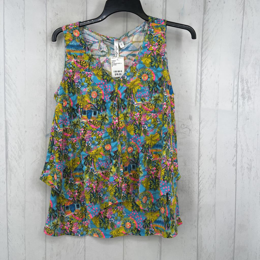 S tropical print v-neck flowy tank