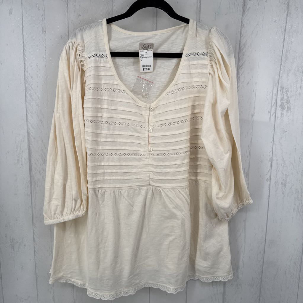 1X smocked button front 3/4 slv top