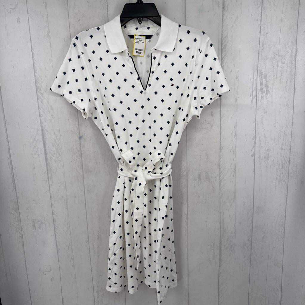 L printed split neck belted s/s dress