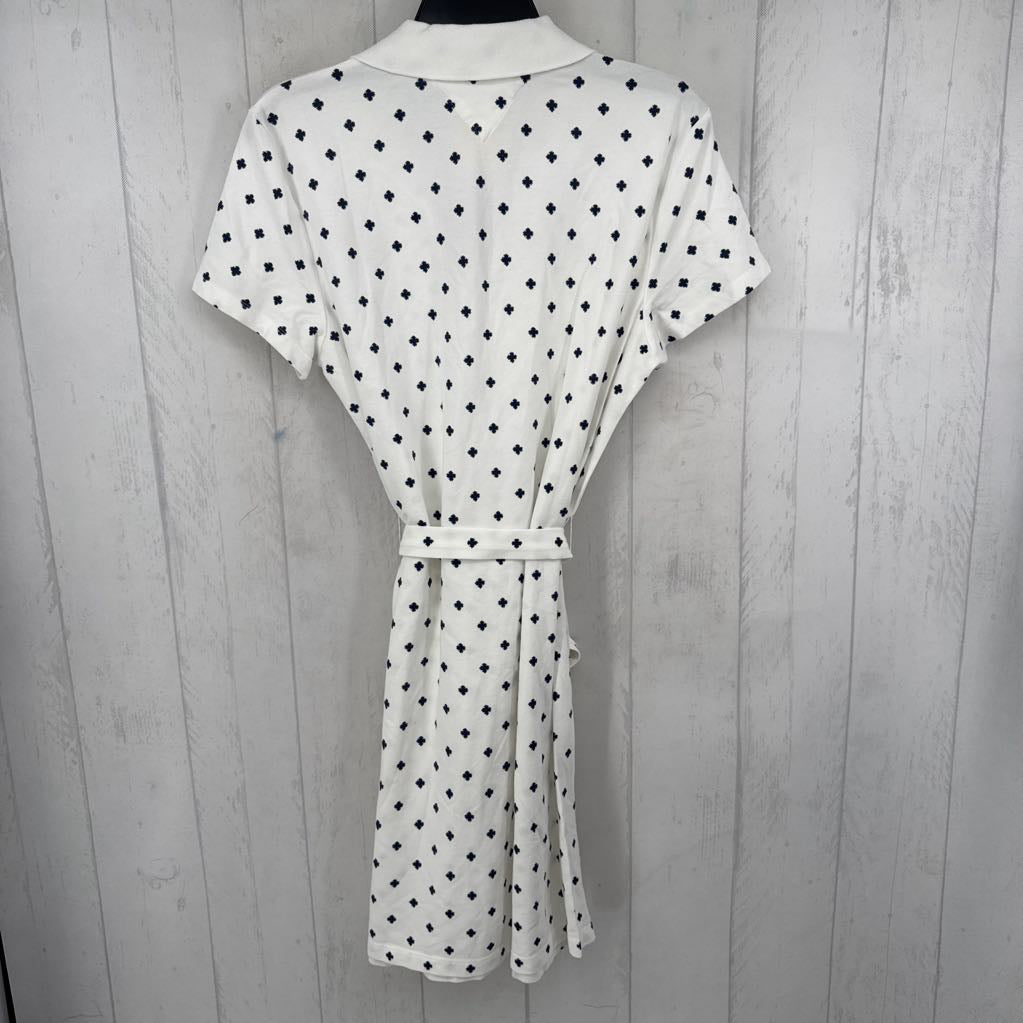 L printed split neck belted s/s dress
