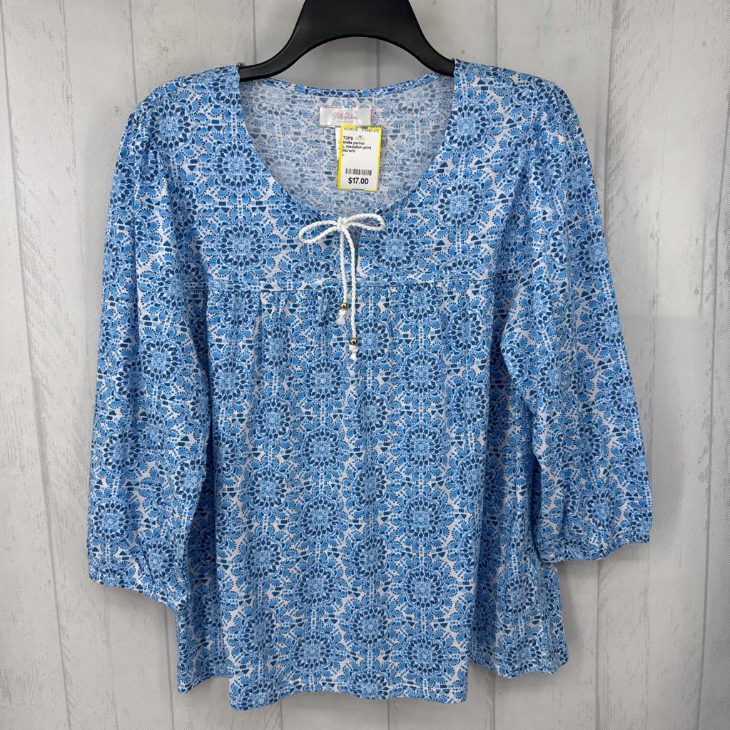 L medallion print split neck 3/4 slv top