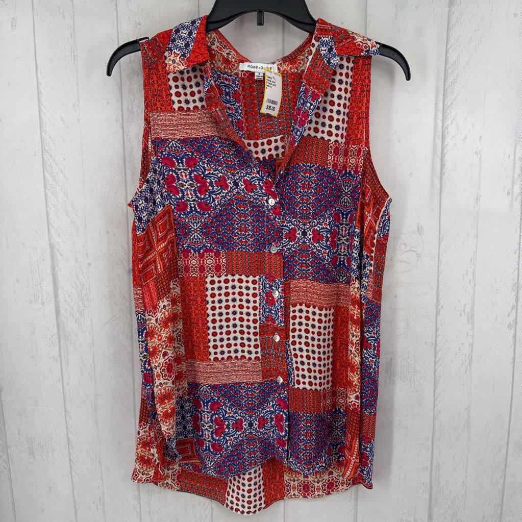 S mixed print button down slvls top