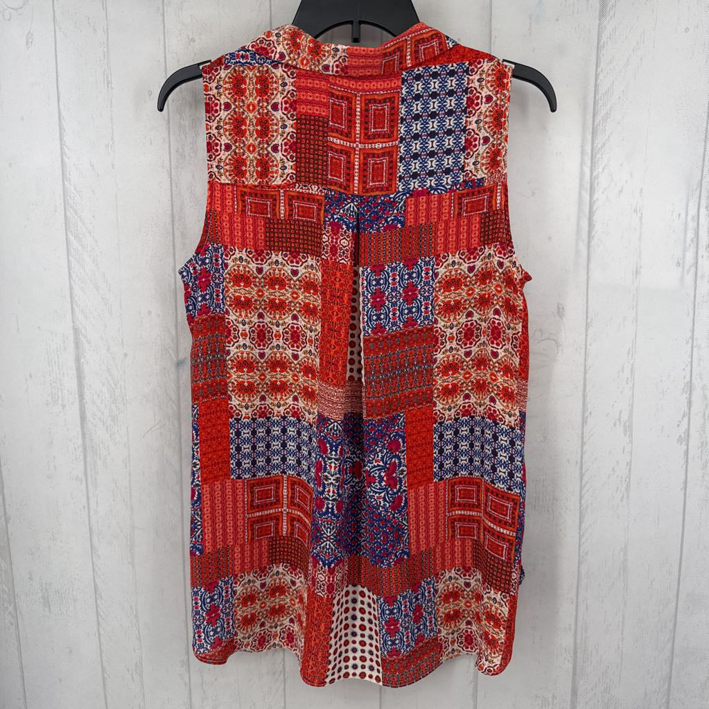 S mixed print button down slvls top