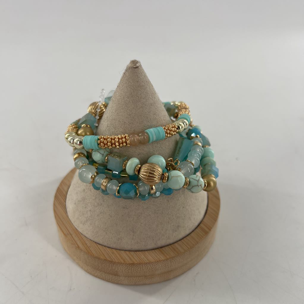 beaded stretch bracelet stack-turq/gold