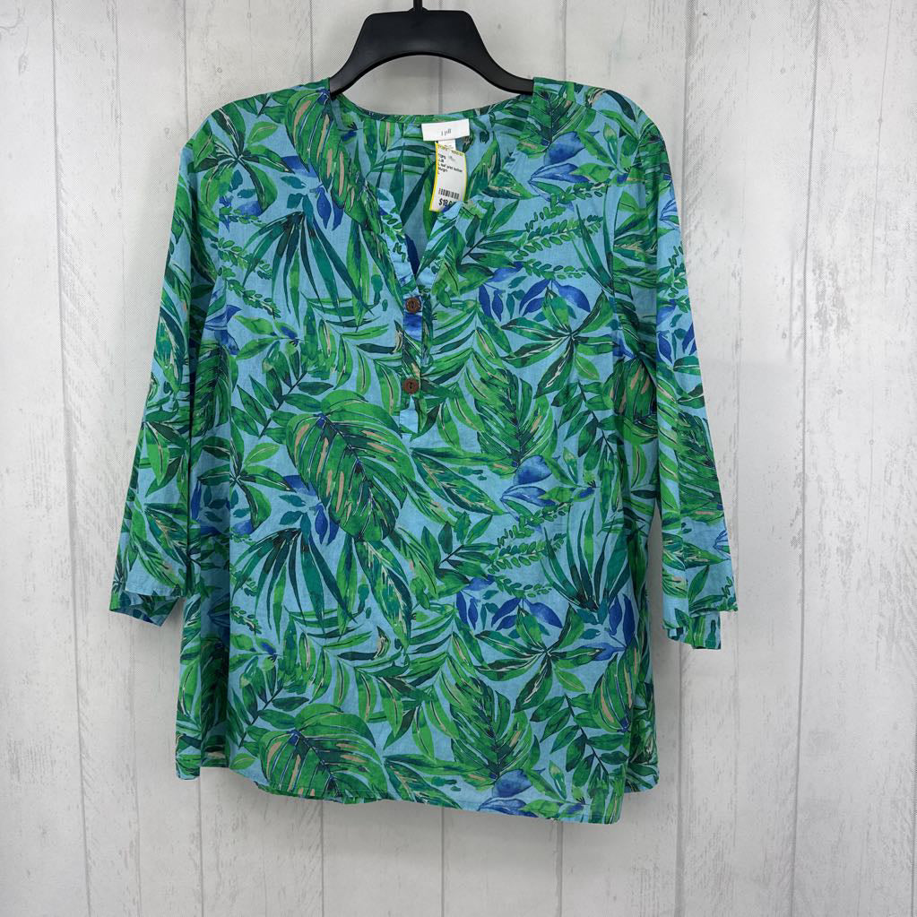 L leaf print button front 3/4 slv top