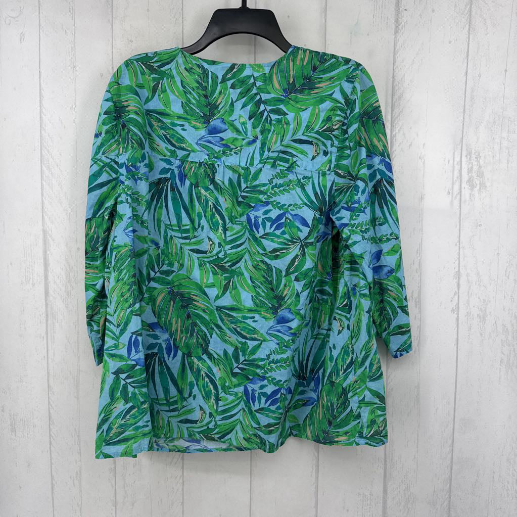 L leaf print button front 3/4 slv top